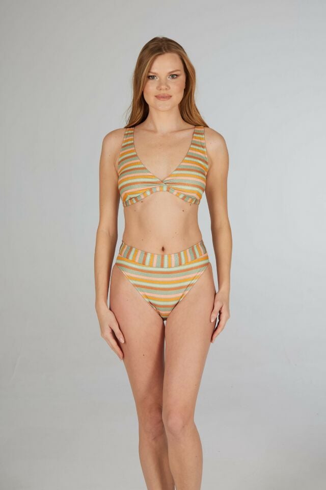Estiva Kadın Çizgili Turuncu Yeşil Kemerli Kruvaze Bikini Takımı