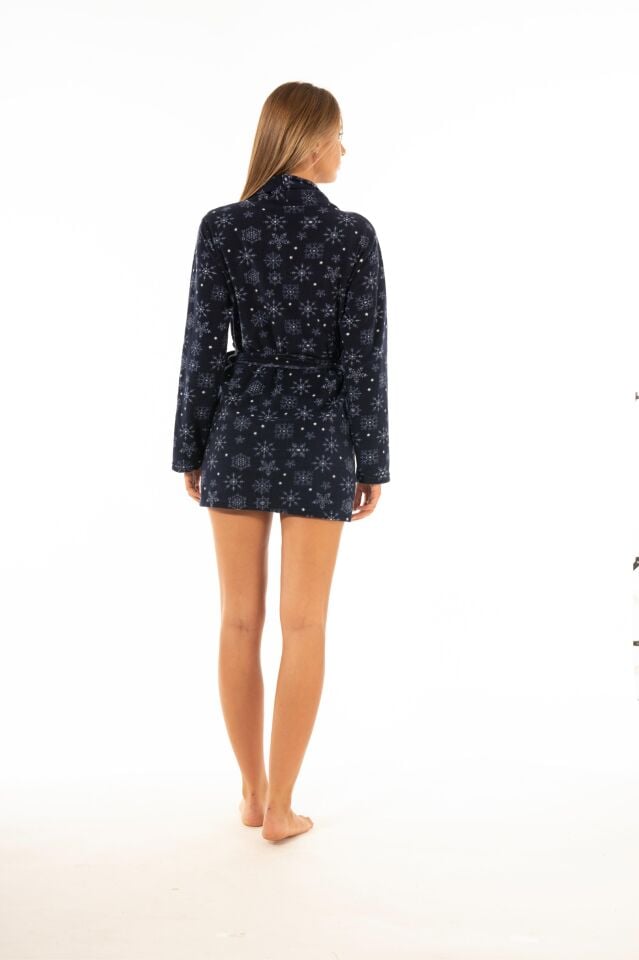 Kadın Kışlık Kar Desenli Cepli Polar Sabahlık Lacivert - S