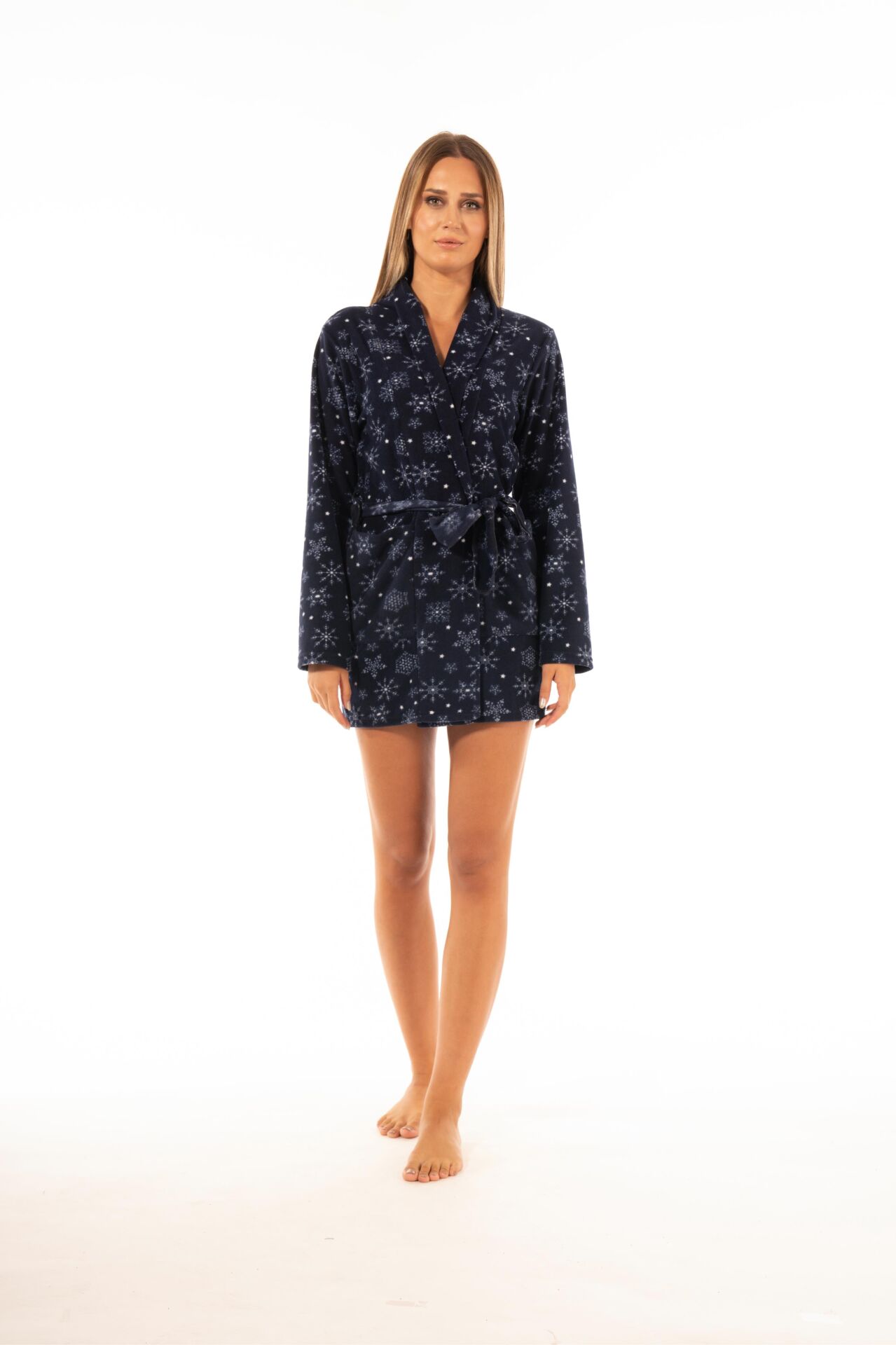 Kadın Kışlık Kar Desenli Cepli Polar Sabahlık Lacivert - XL