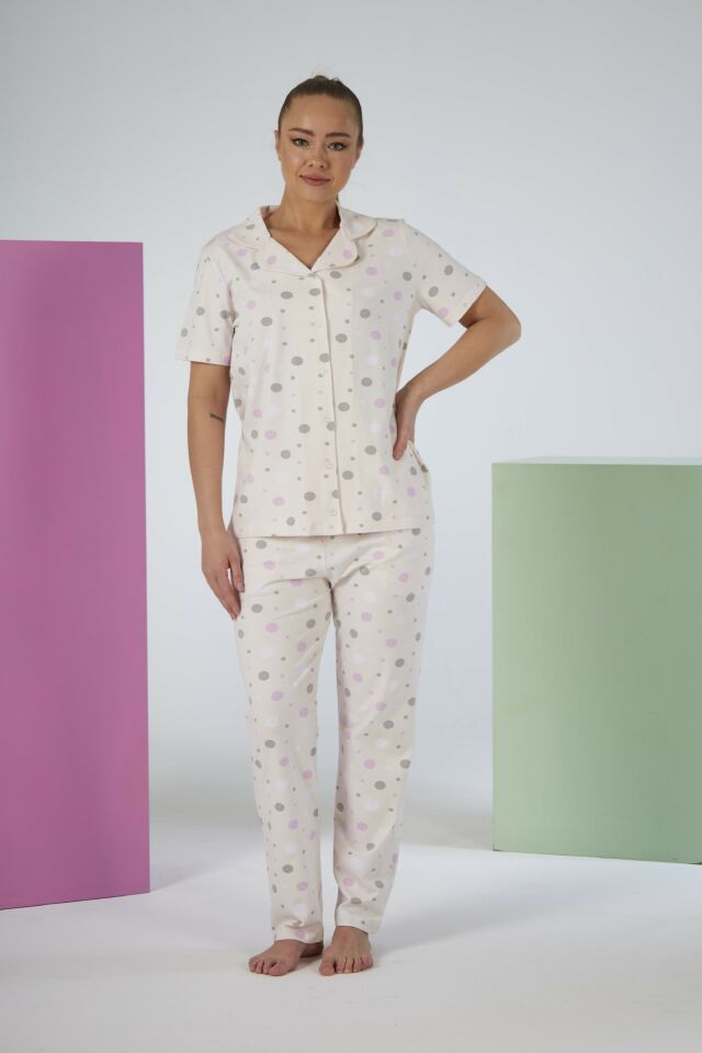 Kadın Yazlık Puantiyeli Önden Düğmeli Kısa Kollu Penye Lycra Pijama Takımı S - Lila