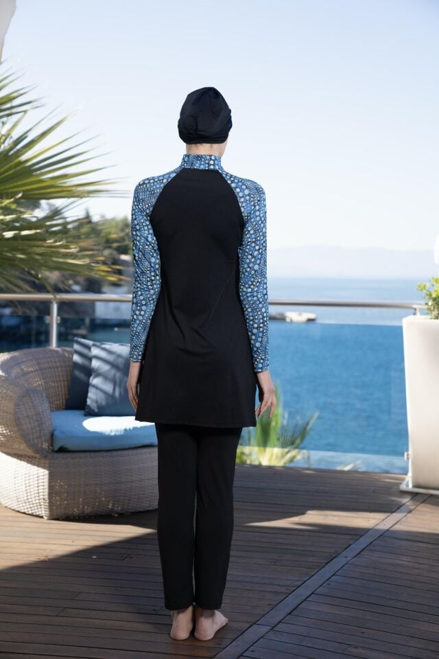 Estiva Kadın Tam Kapalı Yarım Fermuarlı Bubble Desenli Tesettür Mayo Siyah