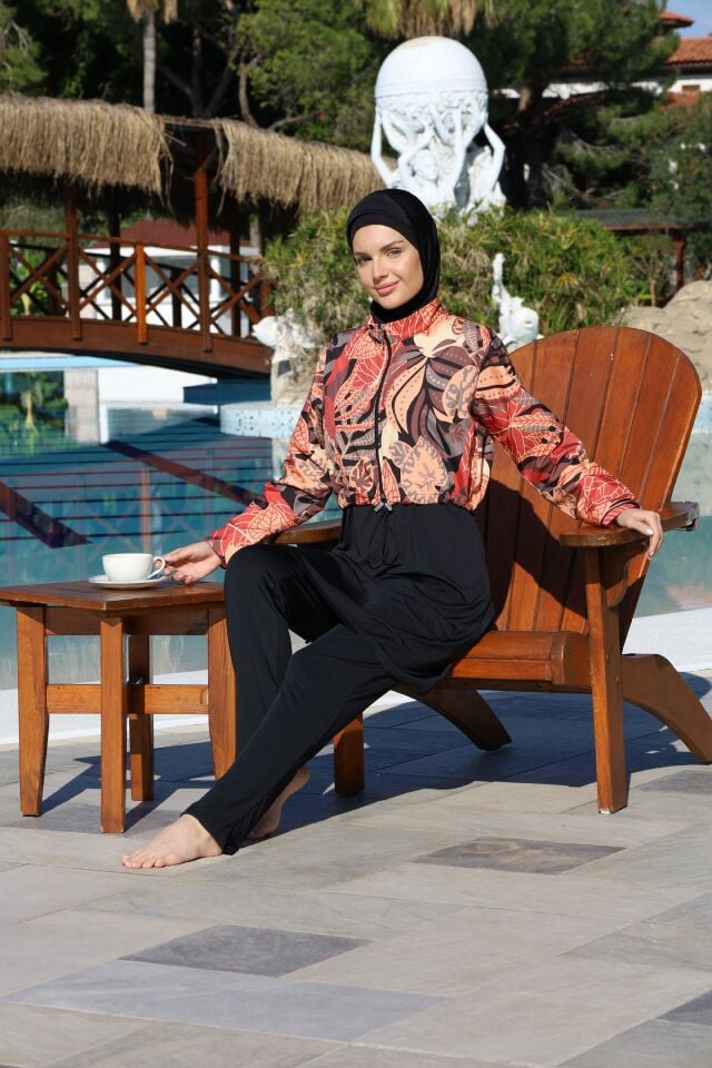 Estiva Leafy Tam Kapalı Croplu Pantolonlu Tesettür Mayo