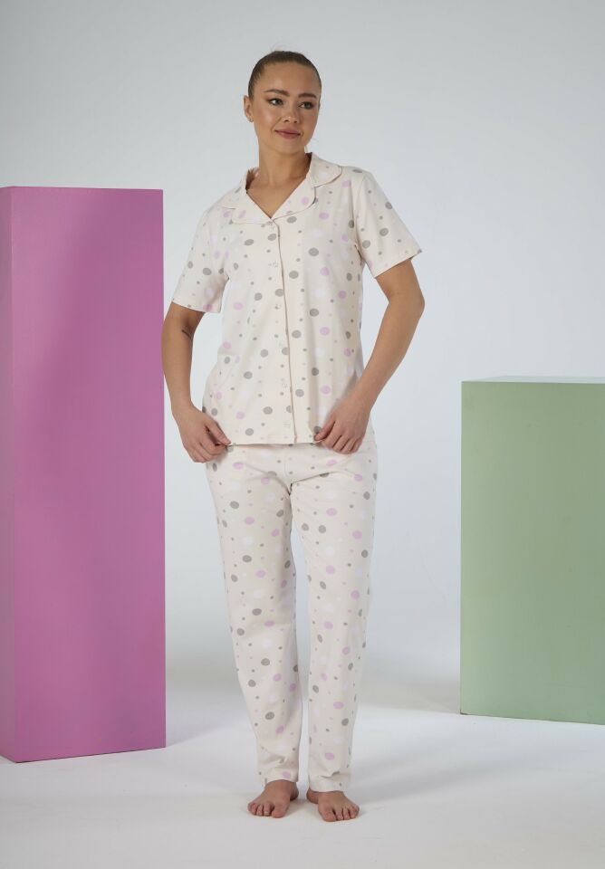 Kadın Yazlık Puantiyeli Önden Düğmeli Kısa Kollu Penye Lycra Pijama Takımı XL - Lila