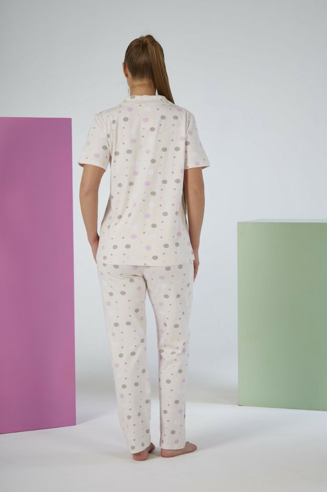 Kadın Yazlık Puantiyeli Önden Düğmeli Kısa Kollu Penye Lycra Pijama Takımı XL - Lila
