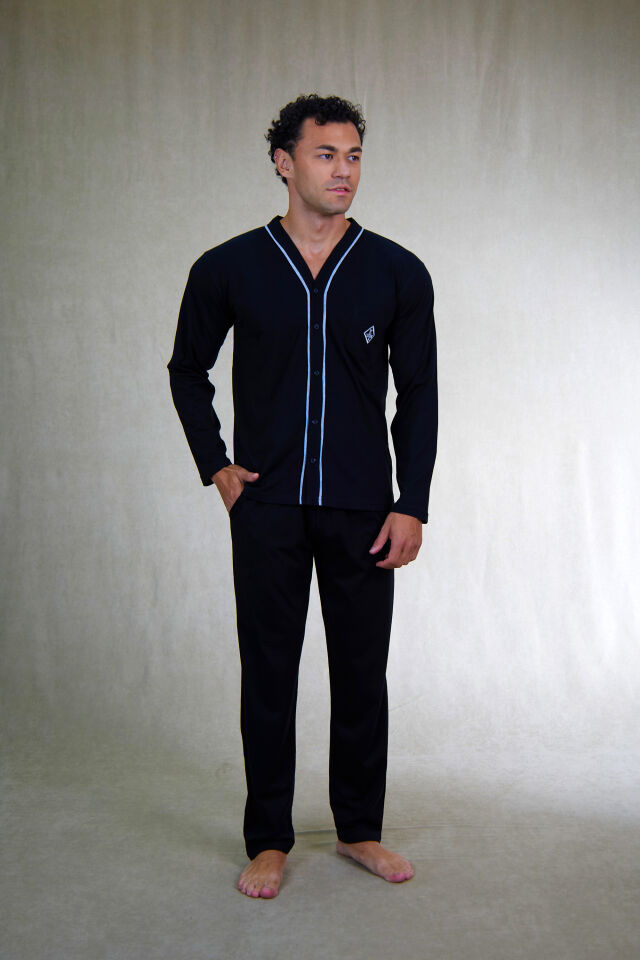 Estiva Erkek Biyeli Önden Düğmeli Süprem Pijama Takımı Siyah - XL