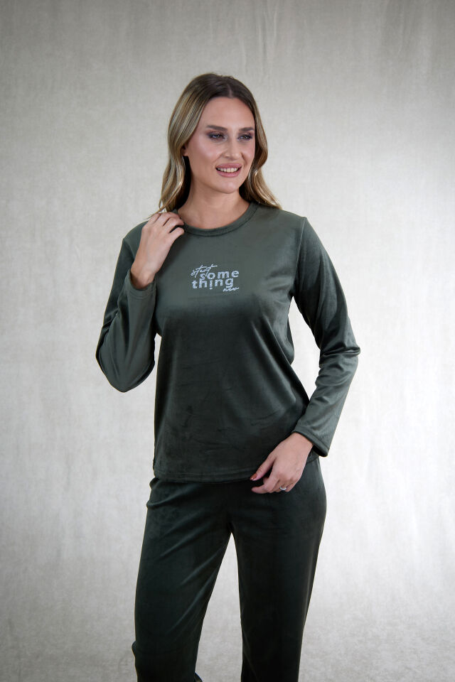 Estiva Kadın Something Yazılı Kadife Pijama Takımı M - Haki