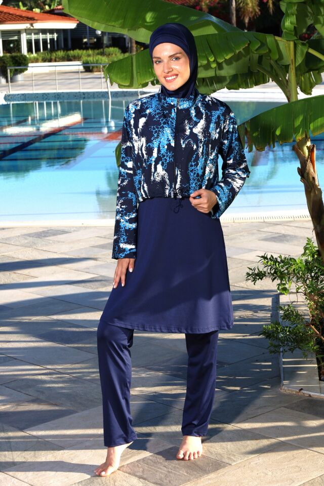 Estiva Marble Tam Kapalı Croplu Pantolonlu Tesettür Mayo