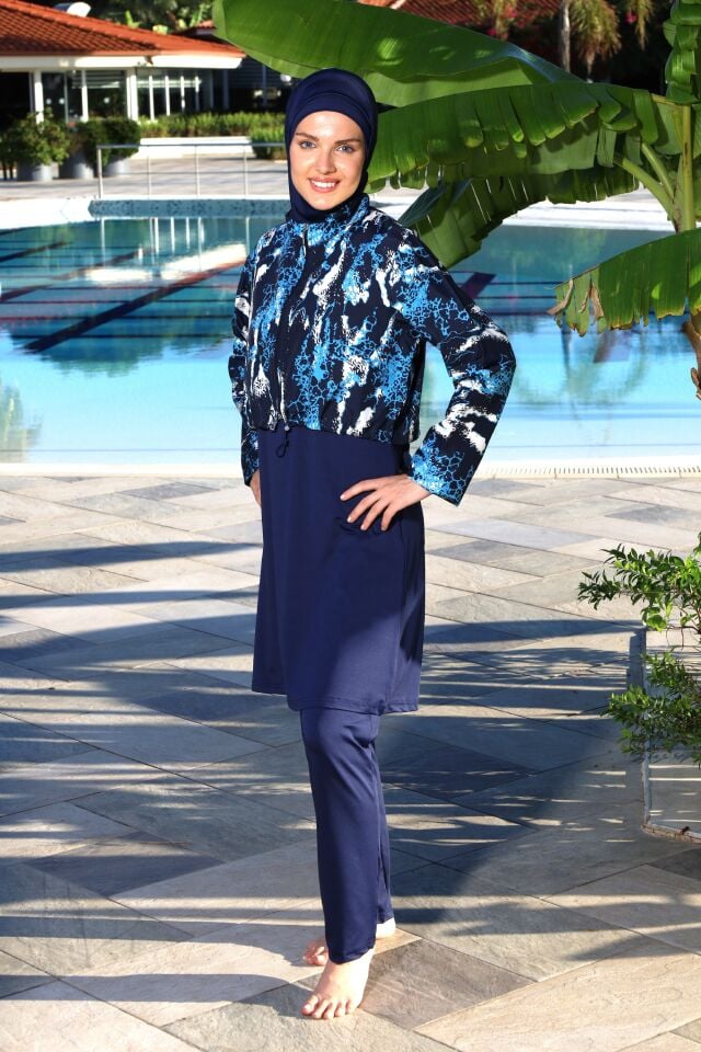 Estiva Marble Tam Kapalı Croplu Pantolonlu Tesettür Mayo