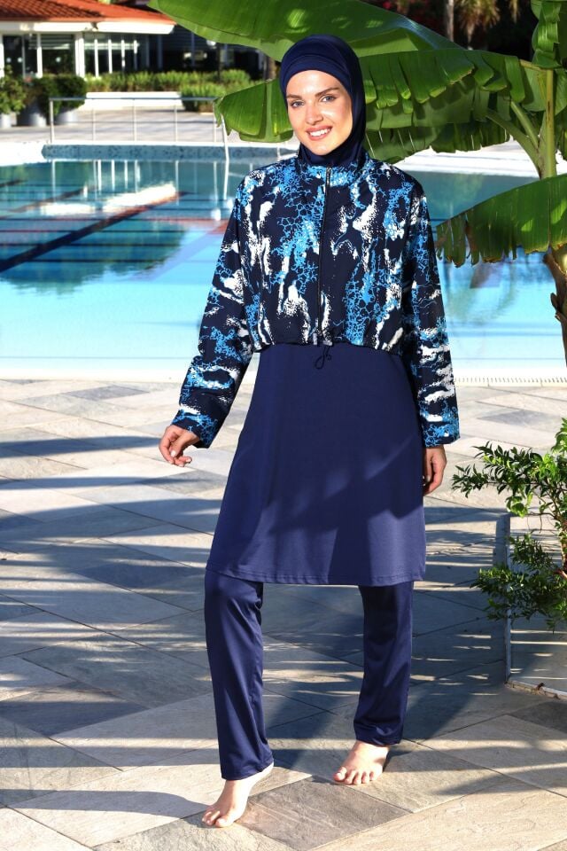 Estiva Marble Tam Kapalı Croplu Pantolonlu Tesettür Mayo