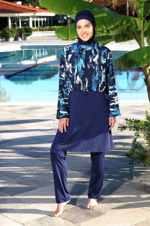 Estiva Marble Tam Kapalı Croplu Pantolonlu Tesettür Mayo