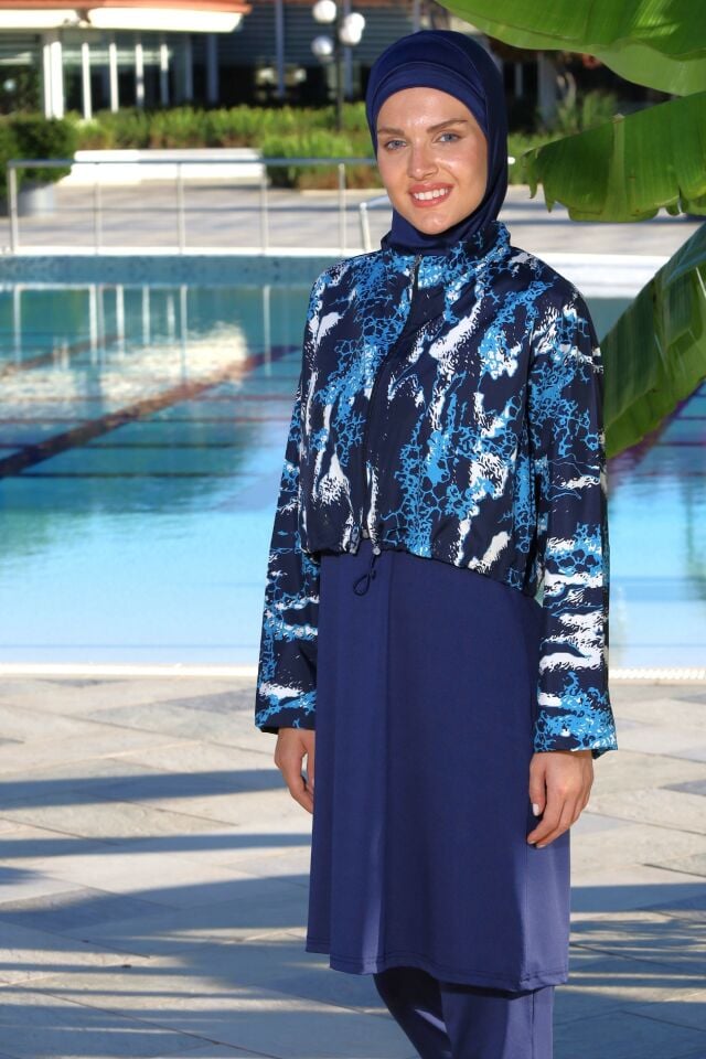 Estiva Marble Tam Kapalı Croplu Pantolonlu Tesettür Mayo