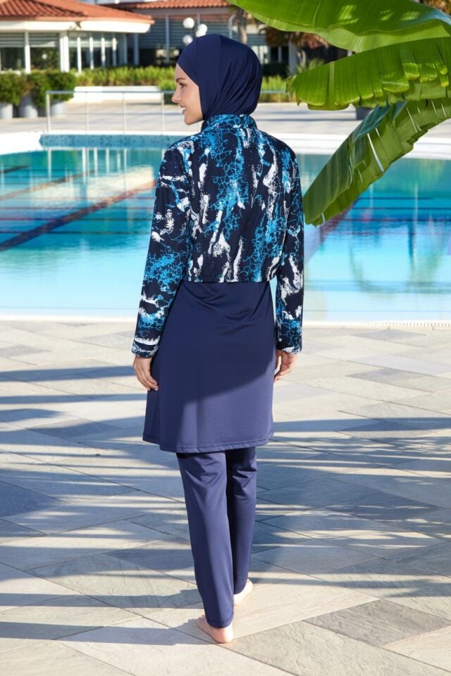 Estiva Marble Tam Kapalı Croplu Pantolonlu Tesettür Mayo