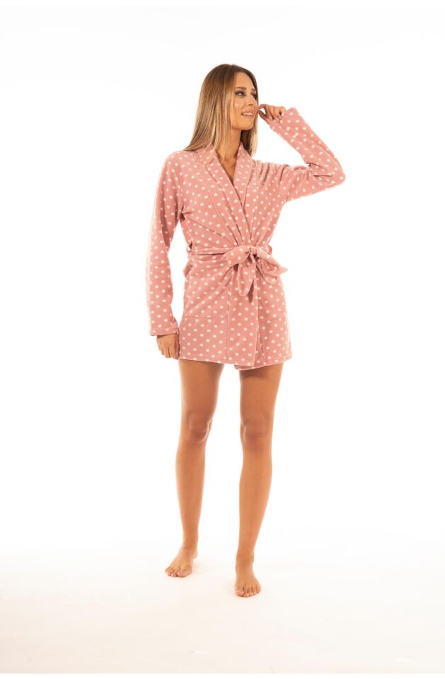 Kadın Kışlık Puantiyeli Cepli Polar Sabahlık S - Pudra