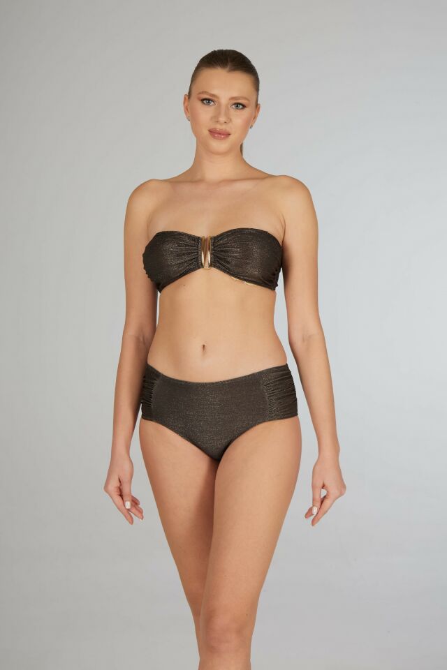 Estiva Kadın Parlak Kahverengi Yüksek Bel Britli Aksesuarlı Straplez Bikini Takımı