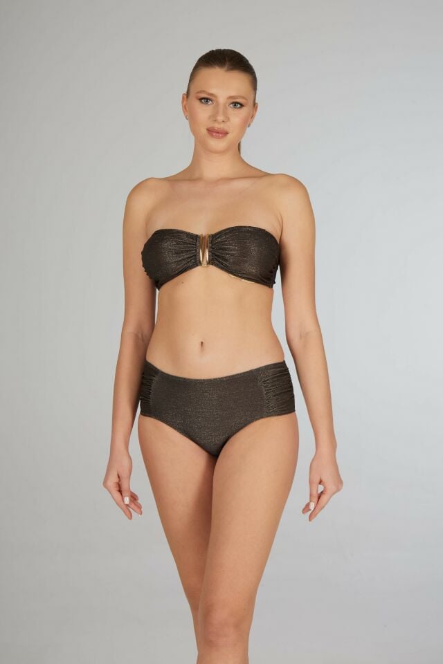Estiva Kadın Parlak Kahverengi Yüksek Bel Britli Aksesuarlı Straplez Bikini Takımı