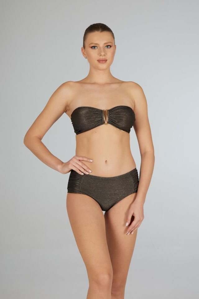 Estiva Kadın Parlak Kahverengi Yüksek Bel Britli Aksesuarlı Straplez Bikini Takımı