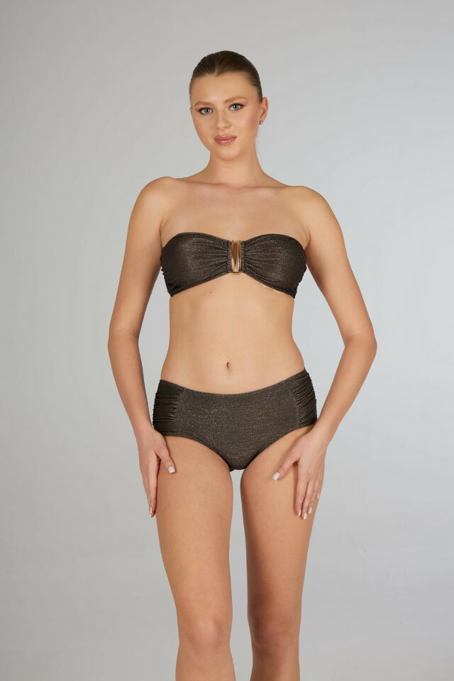 Estiva Kadın Parlak Kahverengi Yüksek Bel Britli Aksesuarlı Straplez Bikini Takımı
