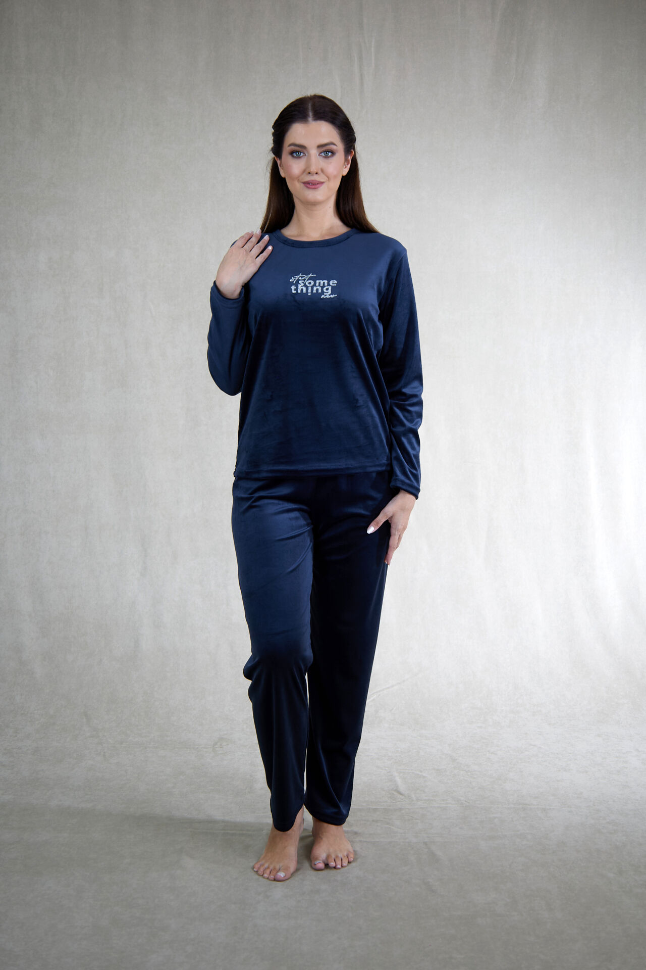 Estiva Kadın Something Yazılı Kadife Pijama Takımı Lacivert - M