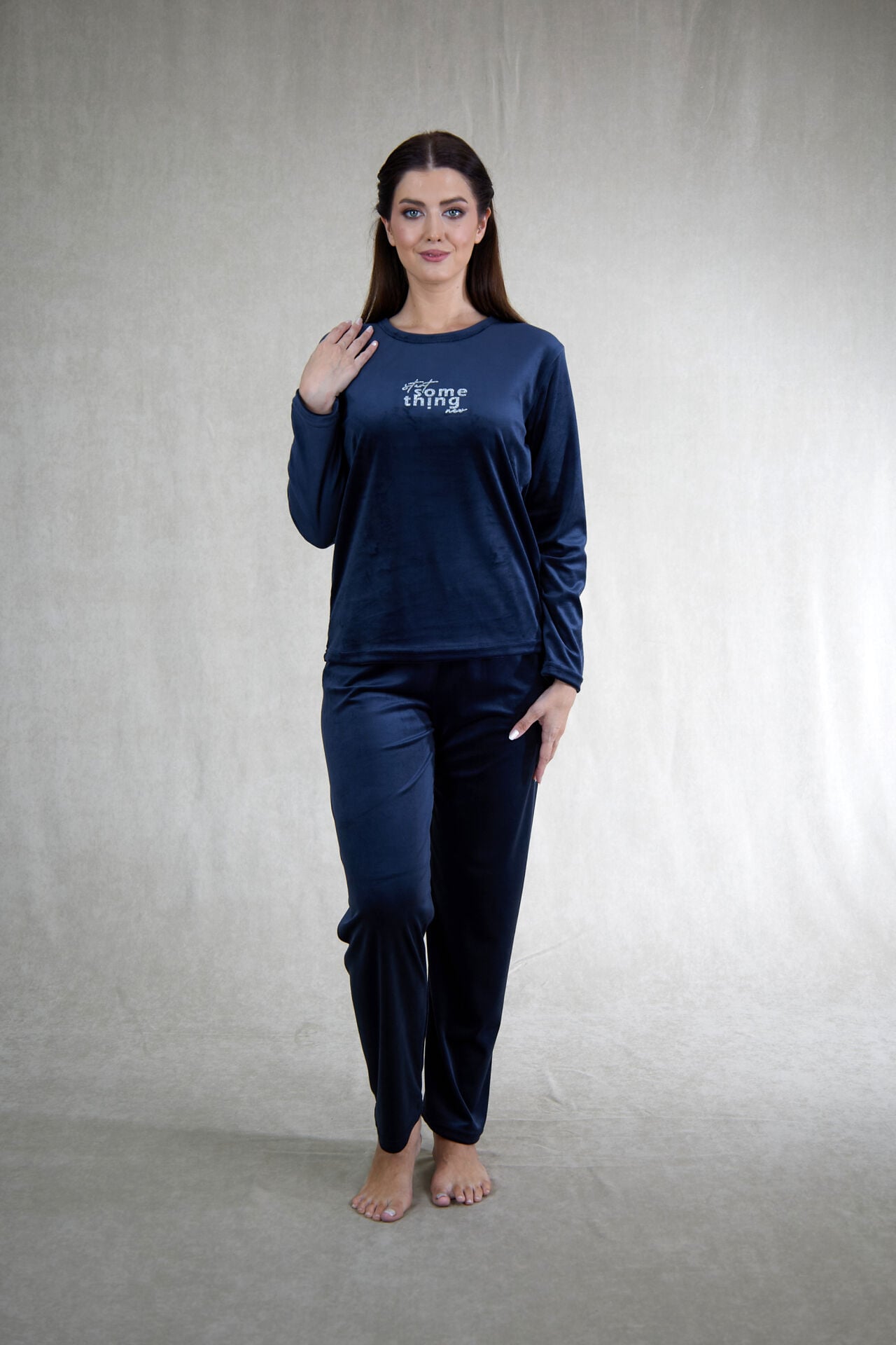 Estiva Kadın Something Yazılı Kadife Pijama Takımı Lacivert - M