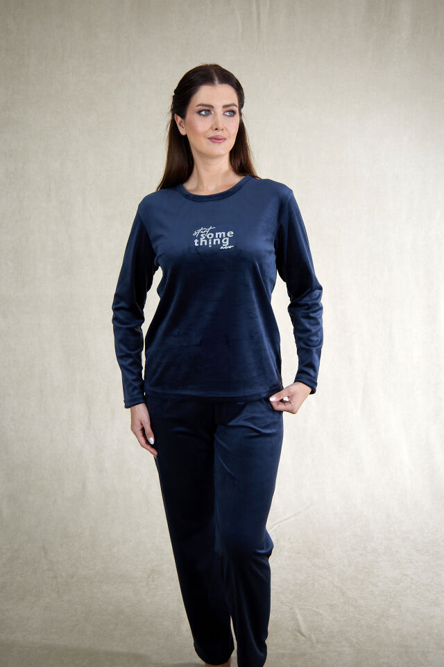 Estiva Kadın Something Yazılı Kadife Pijama Takımı Lacivert - M