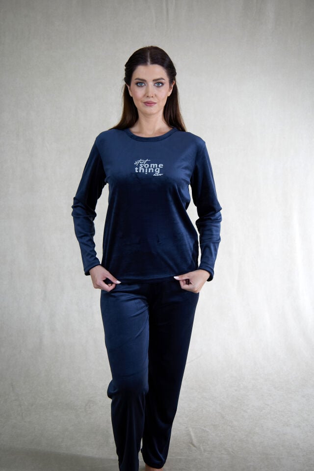 Estiva Kadın Something Yazılı Kadife Pijama Takımı Lacivert - M