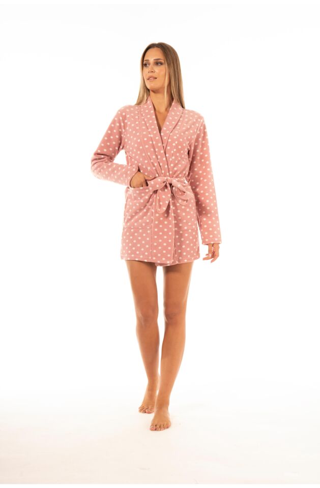 Kadın Kışlık Puantiyeli Cepli Polar Sabahlık XL - Pudra