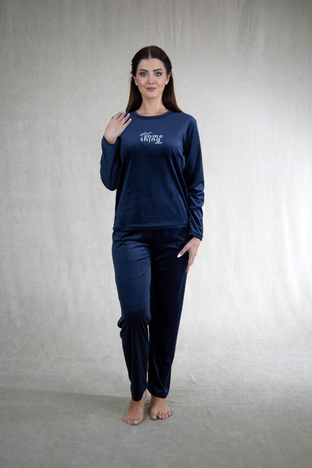 Estiva Kadın Something Yazılı Kadife Pijama Takımı Lacivert - L
