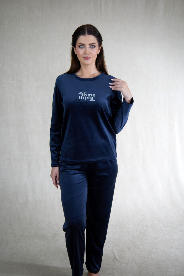 Estiva Kadın Something Yazılı Kadife Pijama Takımı Lacivert - L