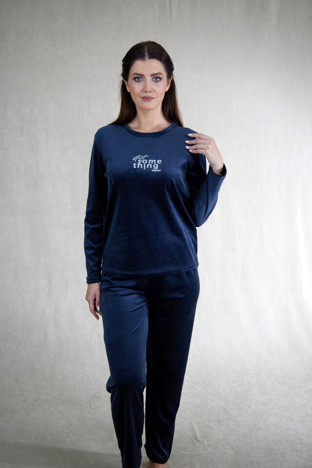 Estiva Kadın Something Yazılı Kadife Pijama Takımı Lacivert - L