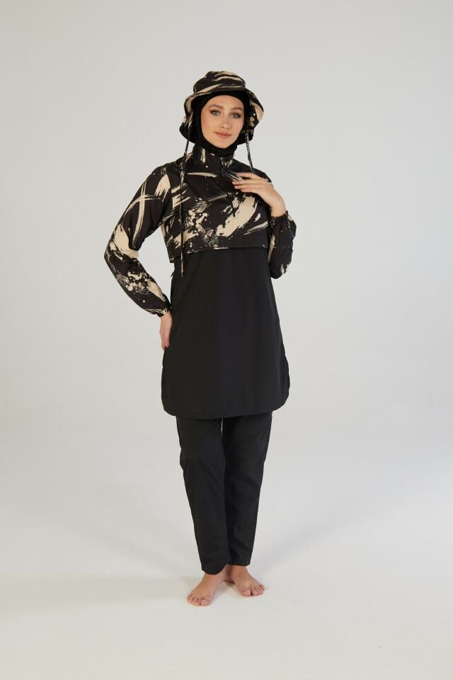 Estiva Brushstroke Tam Kapalı Croplu Şapkalı Pantolonlu Tesettür Mayo