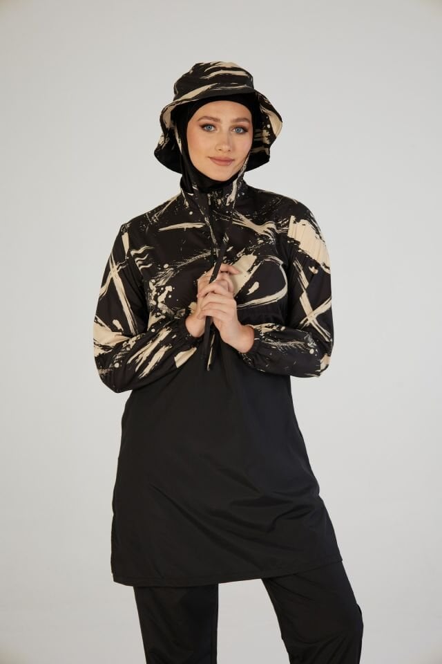 Estiva Brushstroke Tam Kapalı Croplu Şapkalı Pantolonlu Tesettür Mayo