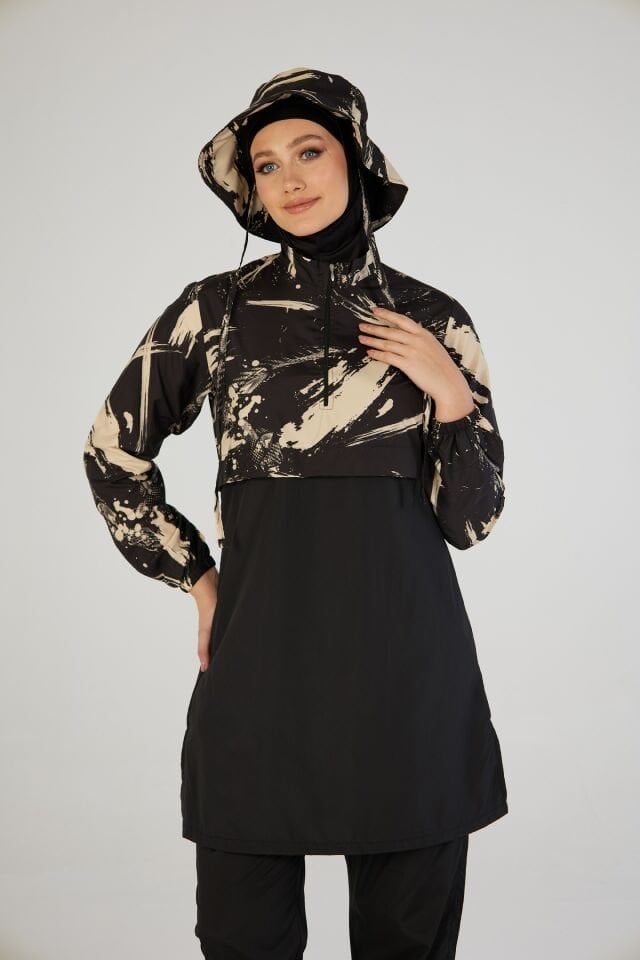 Estiva Brushstroke Tam Kapalı Croplu Şapkalı Pantolonlu Tesettür Mayo