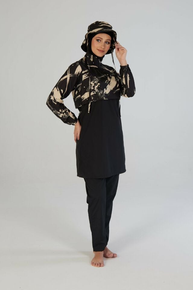 Estiva Brushstroke Tam Kapalı Croplu Şapkalı Pantolonlu Tesettür Mayo