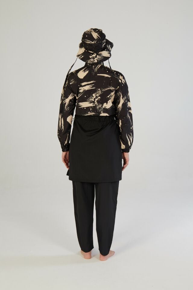 Estiva Brushstroke Tam Kapalı Croplu Şapkalı Pantolonlu Tesettür Mayo