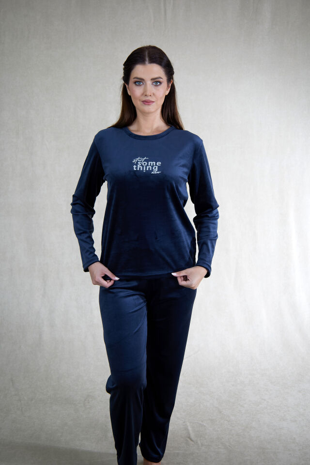 Estiva Kadın Something Yazılı Kadife Pijama Takımı Lacivert - 2XL