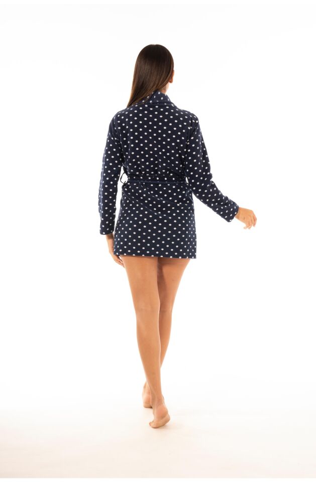 Kadın Kışlık Puantiyeli Cepli Polar Sabahlık Lacivert - L