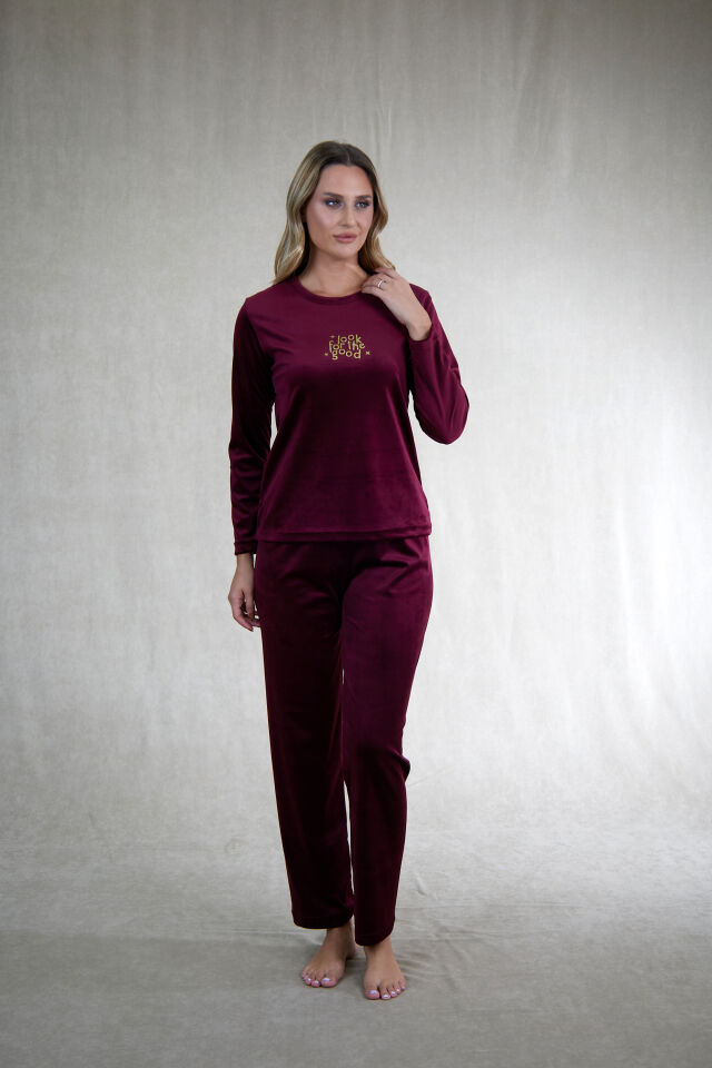 Estiva Kadın Good Yazılı Kadife Pijama Takımı