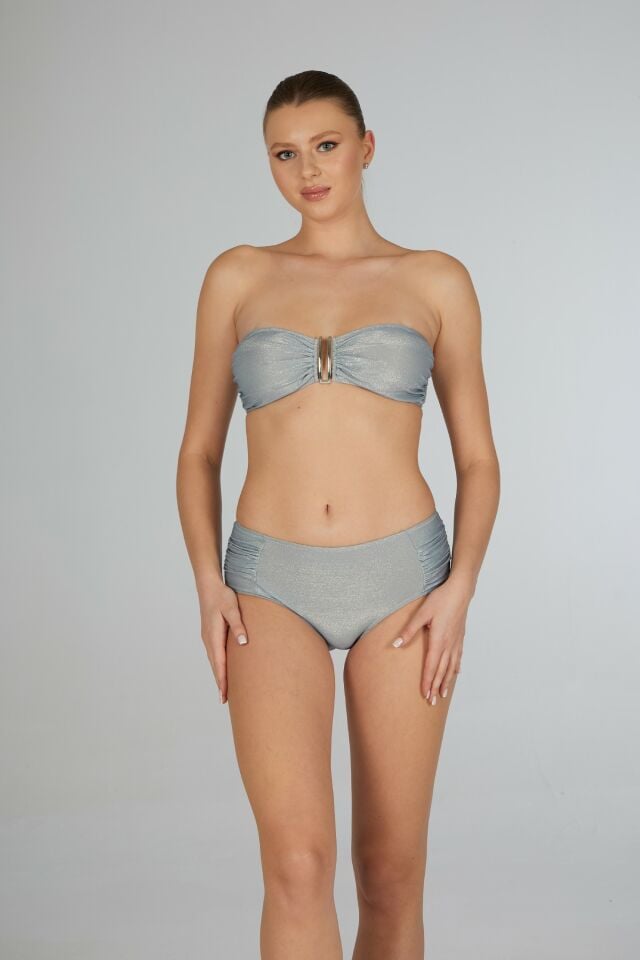 Estiva Kadın Parlak Silver Yüksek Bel Britli Aksesuarlı Straplez Bikini Takımı