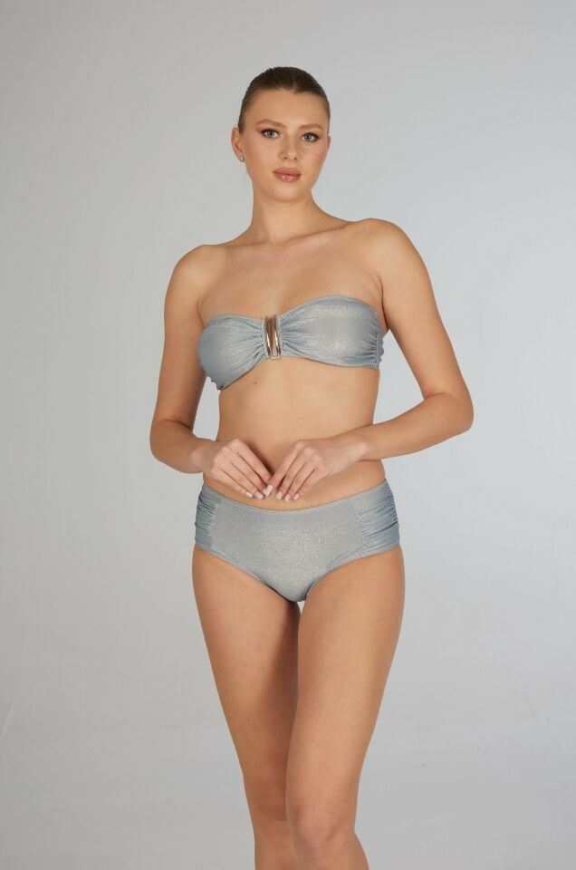 Estiva Kadın Parlak Silver Yüksek Bel Britli Aksesuarlı Straplez Bikini Takımı
