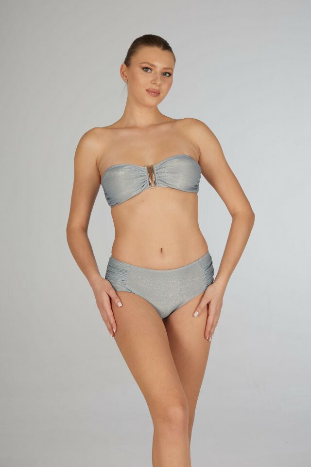 Estiva Kadın Parlak Silver Yüksek Bel Britli Aksesuarlı Straplez Bikini Takımı
