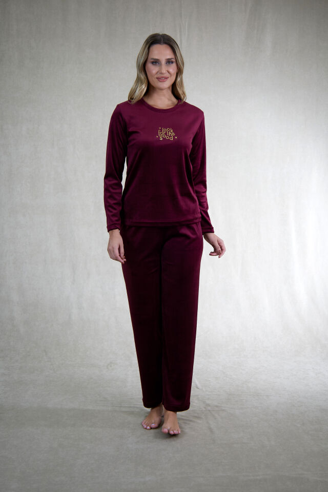 Estiva Kadın Good Yazılı Kadife Pijama Takımı M - Bordo
