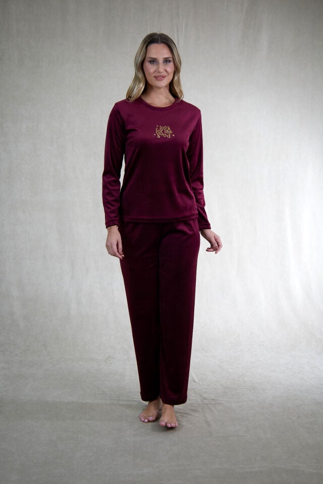 Estiva Kadın Good Yazılı Kadife Pijama Takımı L - Bordo