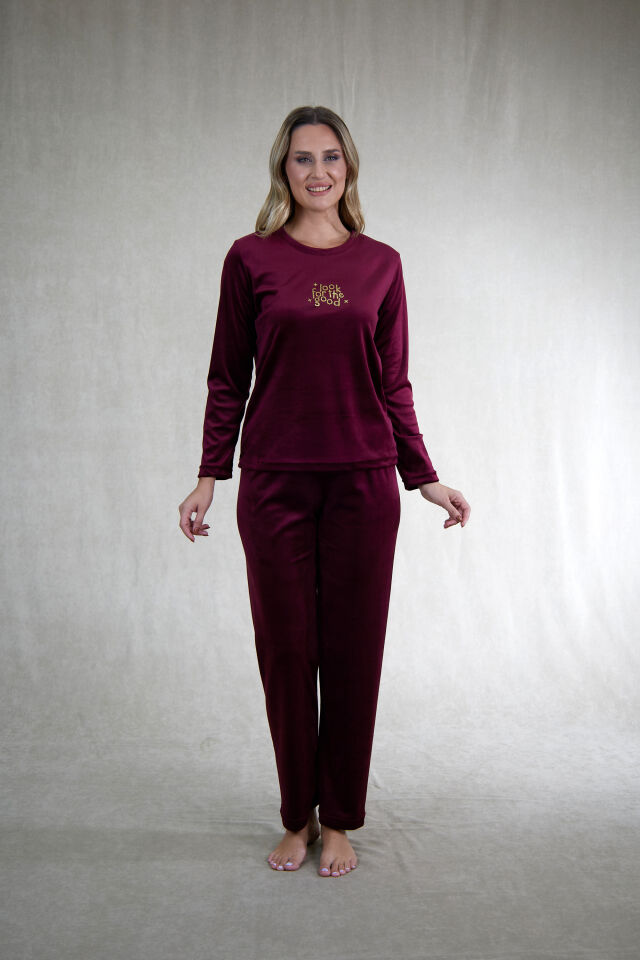 Estiva Kadın Good Yazılı Kadife Pijama Takımı XL - Bordo