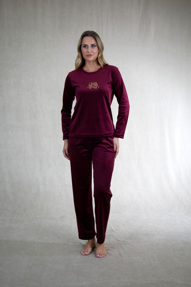 Estiva Kadın Good Yazılı Kadife Pijama Takımı XL - Bordo