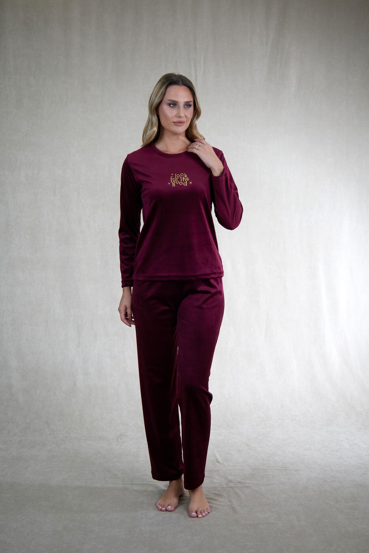 Estiva Kadın Good Yazılı Kadife Pijama Takımı 2XL - Bordo