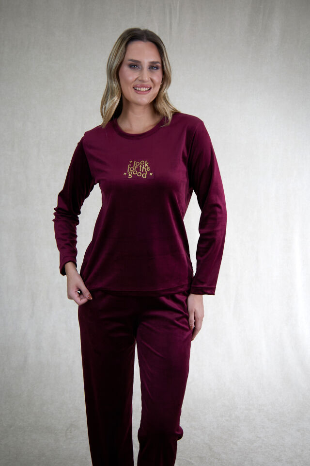 Estiva Kadın Good Yazılı Kadife Pijama Takımı 2XL - Bordo
