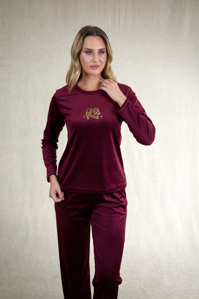 Estiva Kadın Good Yazılı Kadife Pijama Takımı 2XL - Bordo