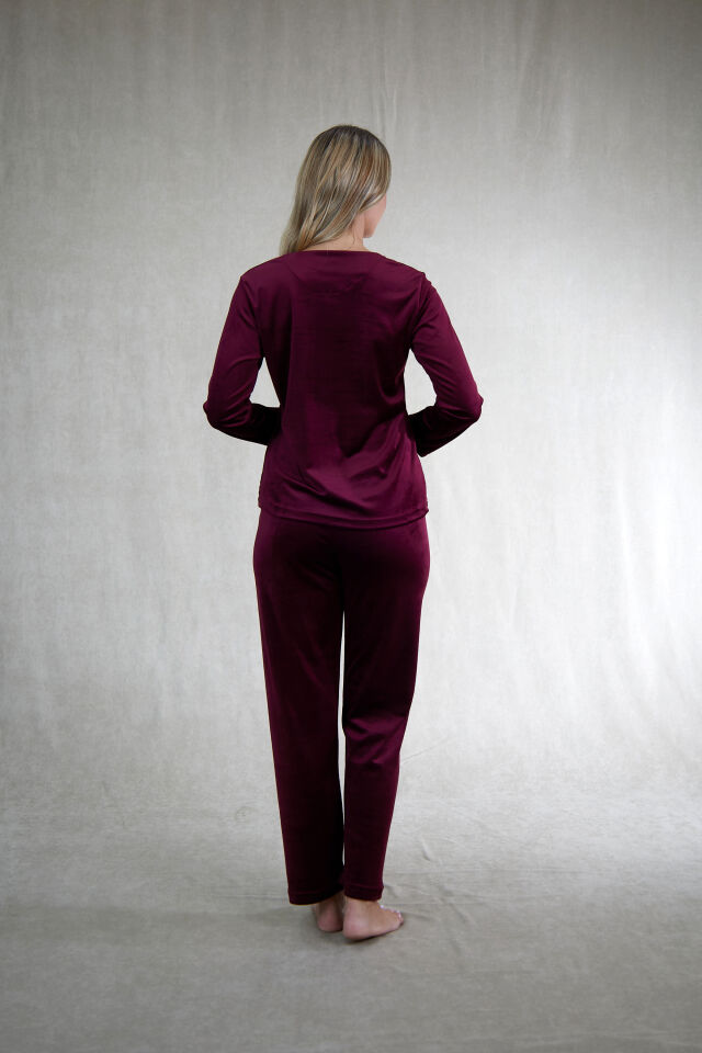 Estiva Kadın Good Yazılı Kadife Pijama Takımı 2XL - Bordo
