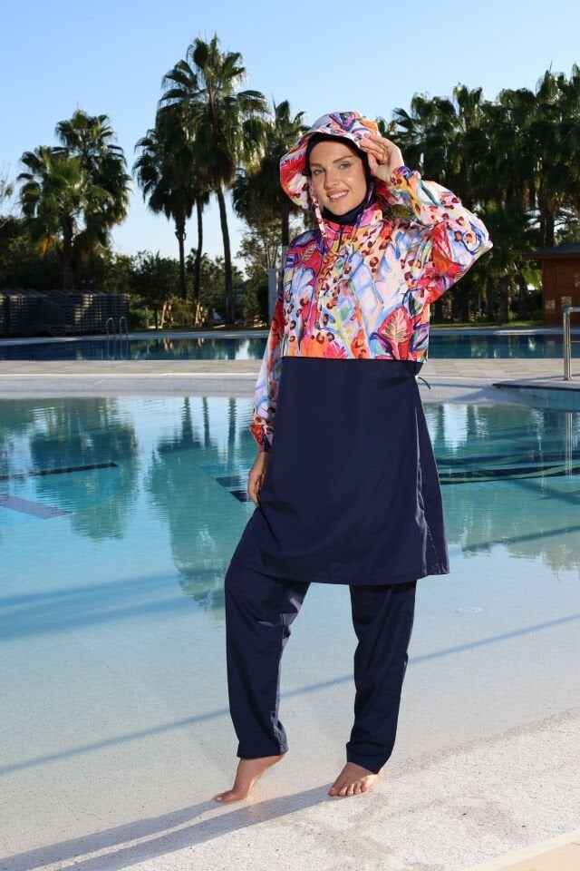 Estiva Paradise Tam Kapalı Croplu Şapkalı Pantolonlu Tesettür Mayo