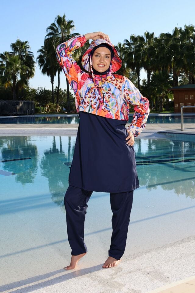 Estiva Paradise Tam Kapalı Croplu Şapkalı Pantolonlu Tesettür Mayo